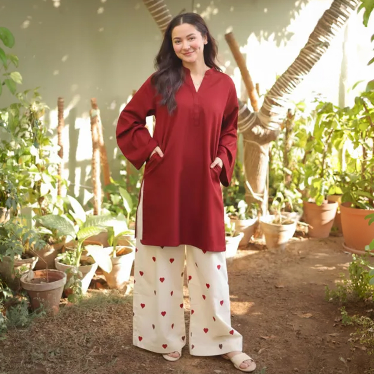 Paristaan |Heart Embroidered Flapper 2PCs Dress for Women – V-Neck Short Shirt with Side Pockets & Matching Trouser – Casual Summer Outfit For Women