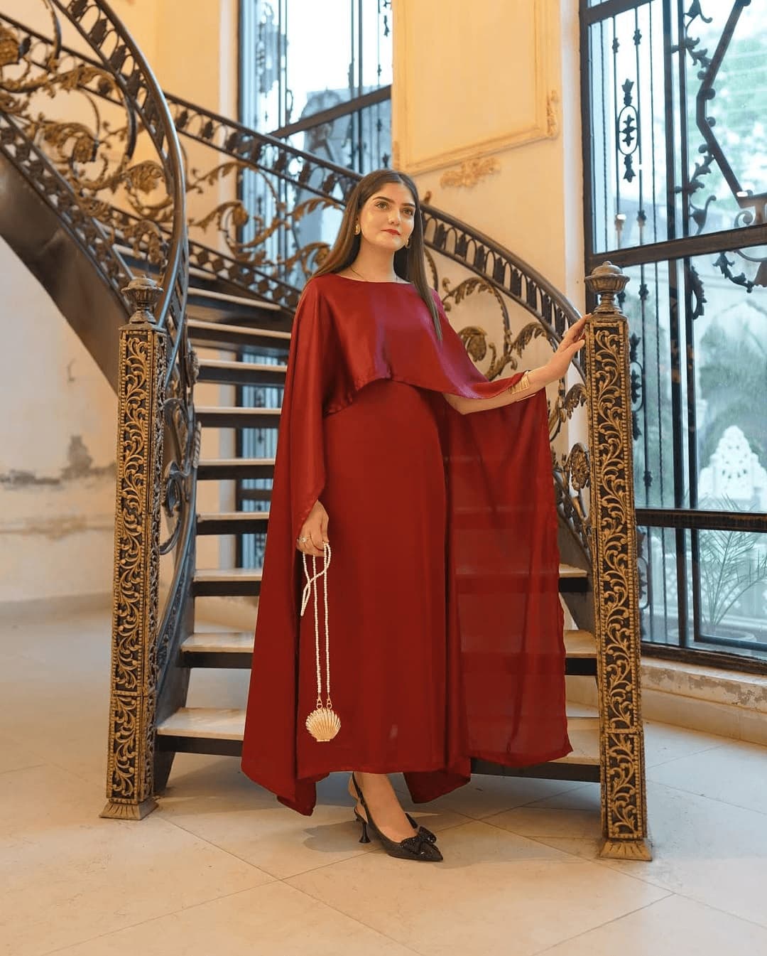 02 Pcs Shrug Lace Style 2-Pcs Silk Stiched Suit Stitched Long Silk Dress For Women Elegant Party Wear Cape Maxi 2-Piece Cape Dress In Town A long cape silk maxi