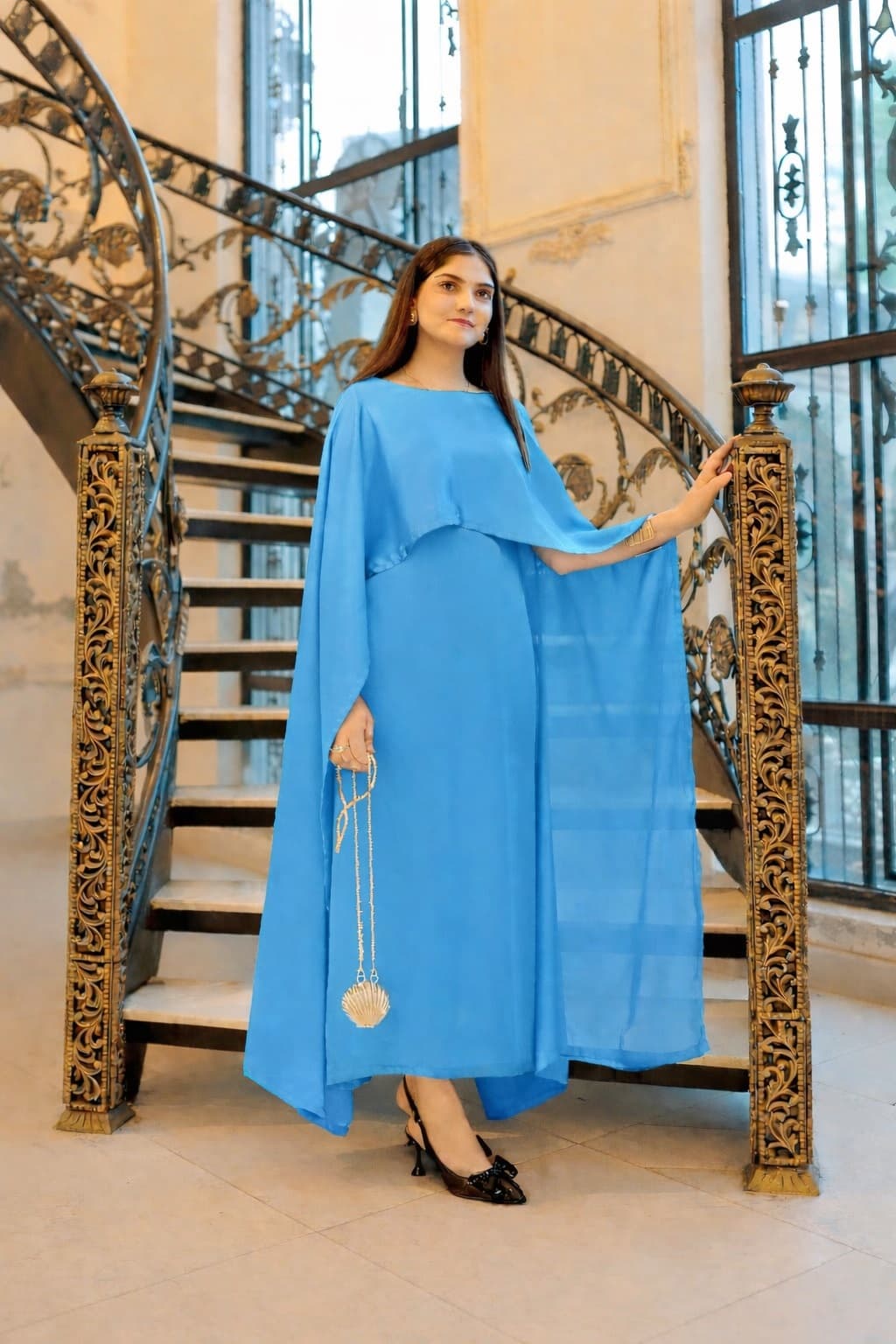 02 Pcs Shrug Lace Style 2-Pcs Silk Stiched Suit Stitched Long Silk Dress For Women Elegant Party Wear Cape Maxi 2-Piece Cape Dress In Town A long cape silk maxi - Sky Blue